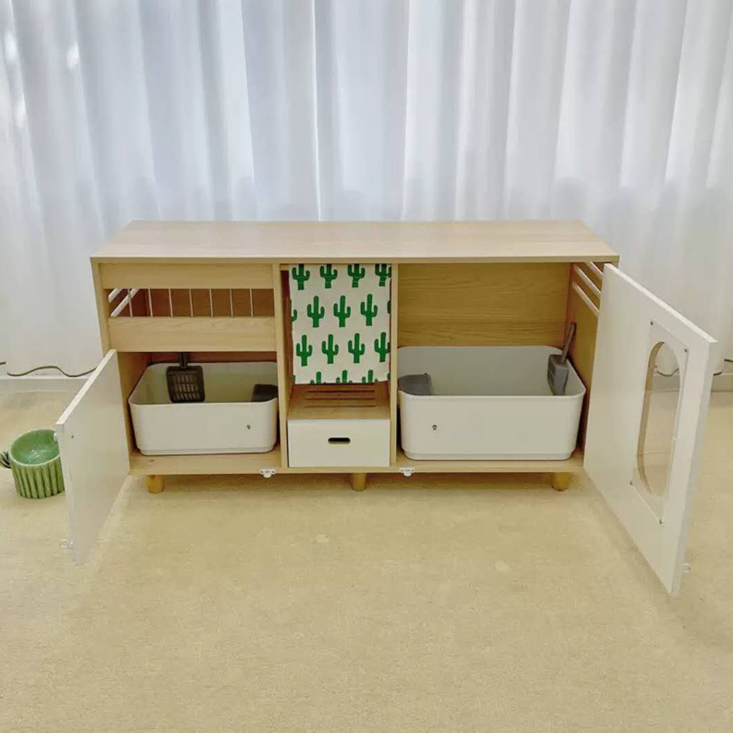 Functional Sideboard Cat Toilet Cabinet With Two Doors Space-Saving Design Cat Litter Box Enclosed Wooden