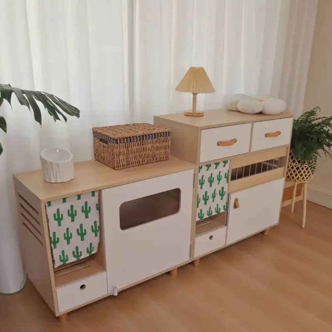 Functional Sideboard Cat Toilet Cabinet With Two Doors Space-Saving Design Cat Litter Box Enclosed Wooden