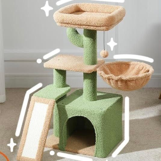 A2 Cat Tree Wooden Cat Climbing Condo Green House