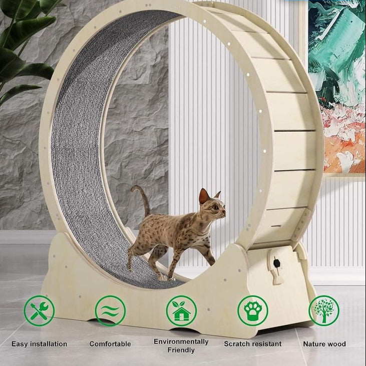 Wooden Exercise Wheel With Lock & Teaser Indoor Cat Treadmill