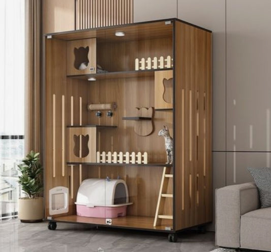 Cat Villa Three Story Density Board Natural Wood No Light