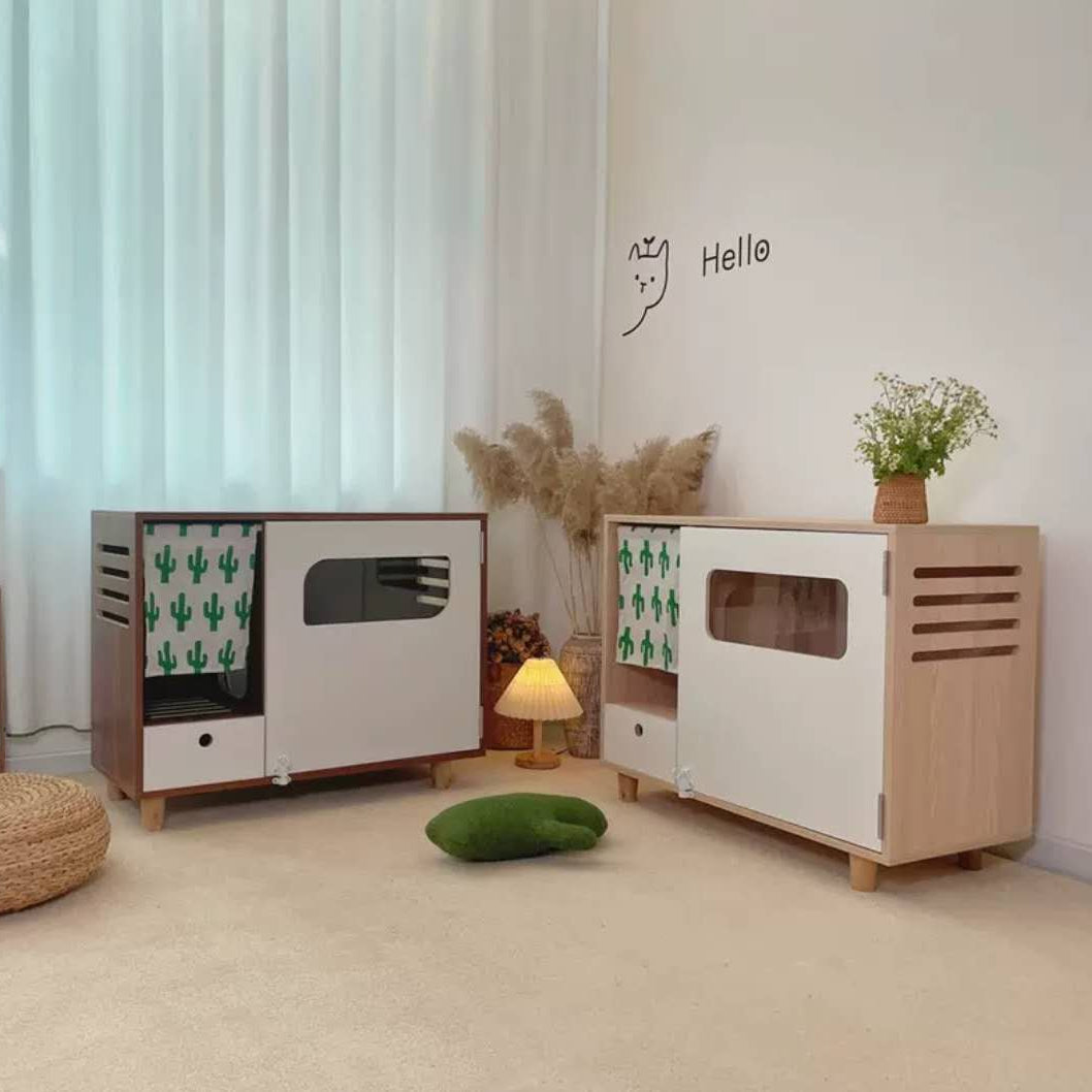 Functional Sideboard Cat Toilet Cabinet With Two Doors Space-Saving Design Cat Litter Box Enclosed Wooden