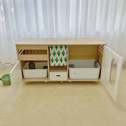 Functional Sideboard Cat Toilet Cabinet With Two Doors Space-Saving Design Cat Litter Box Enclosed Wooden