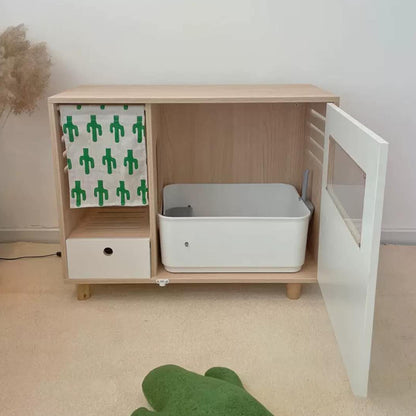 Functional Sideboard Cat Toilet Cabinet With Two Doors Space-Saving Design Cat Litter Box Enclosed Wooden