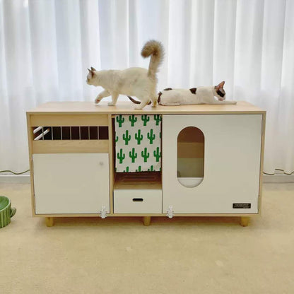 Functional Sideboard Cat Toilet Cabinet With Two Doors Space-Saving Design Cat Litter Box Enclosed Wooden
